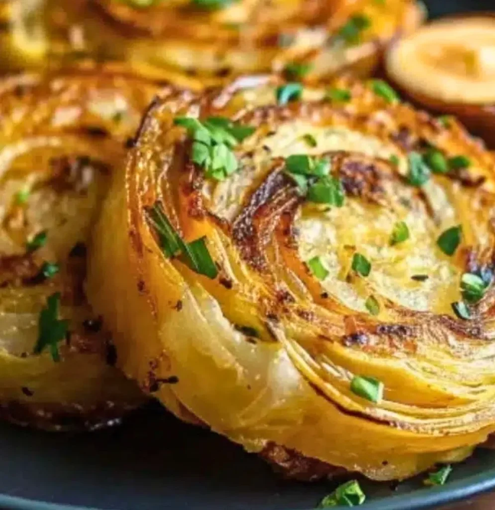 Crispy roasted cabbage steaks served on a plate with herbs and spices