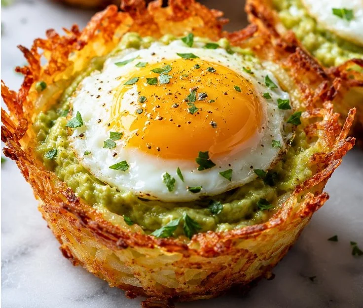 Crispy hash brown avocado egg cups served for a delicious breakfast