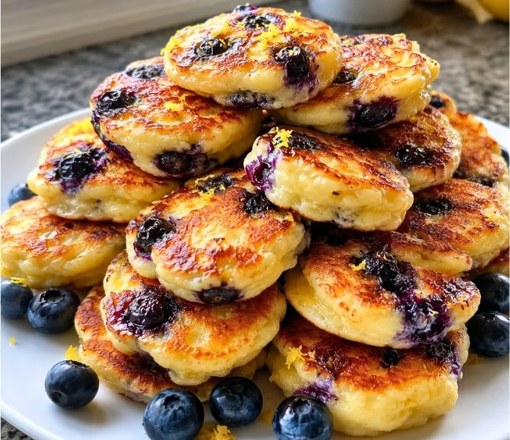 Easy lemon blueberry pancakes with cottage cheese on a plate.