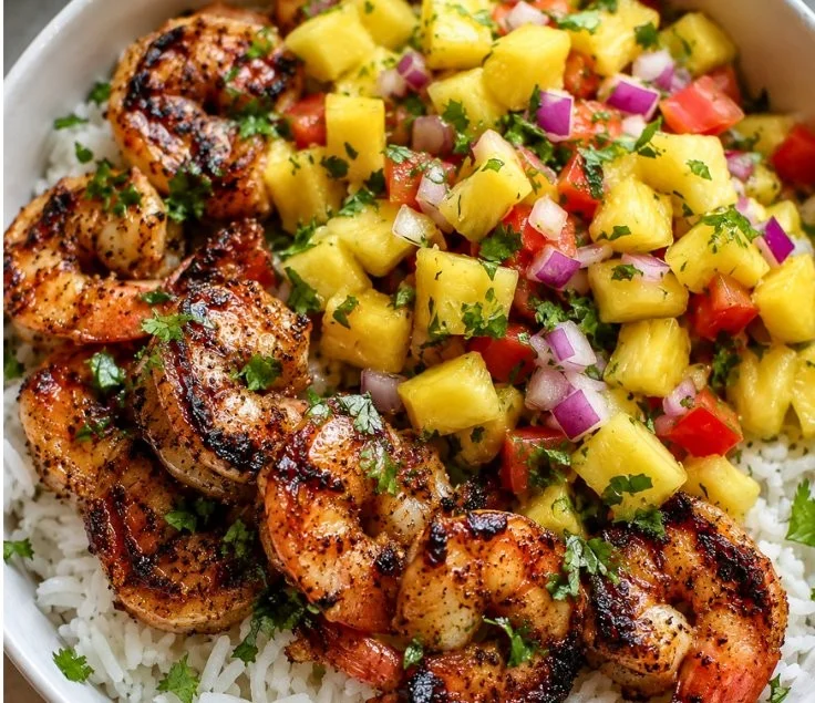 Easy shrimp rice bowl with pineapple salsa served in a bowl