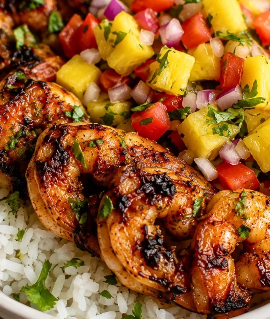 Easy shrimp rice bowl with colorful pineapple salsa for a quick weeknight meal.
