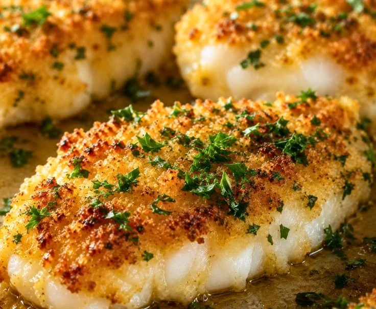 Delicious parmesan crusted tilapia served with lemon wedges and vegetables