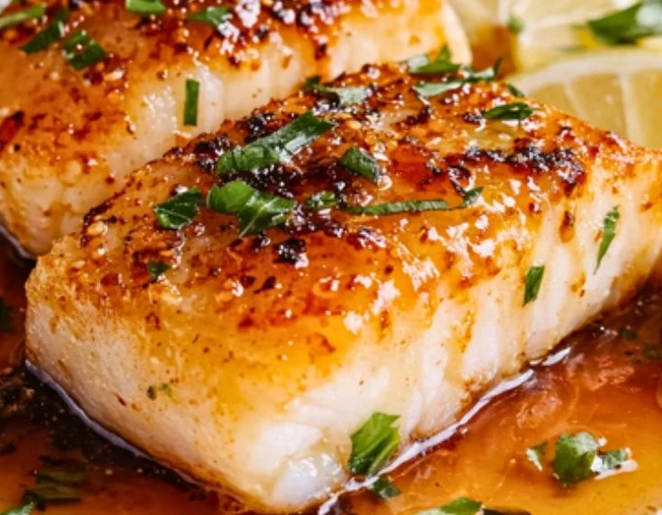 Plate of easy baked cod with honey garlic sauce and vegetables