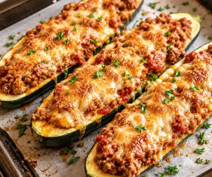 Cheesy ground beef zucchini boats baked until golden and delicious, perfect for low carb meals.