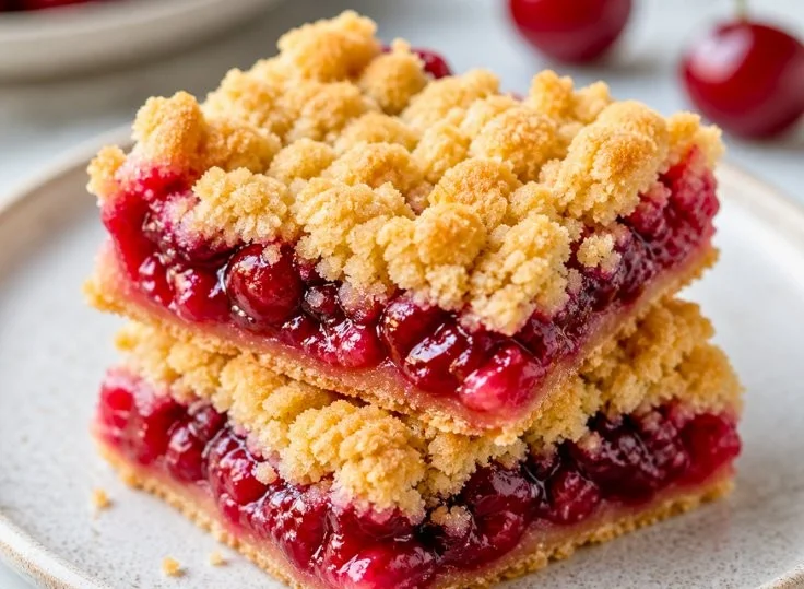 Delicious easy cherry crumble bars topped with a buttery crumble
