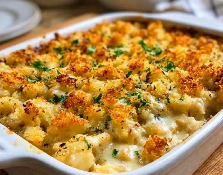 Delicious chicken stuffing casserole served in a warm dish for family dinner
