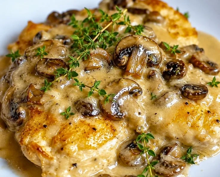 Creamy Asiago Mushroom Chicken with rich mushroom sauce in a skillet