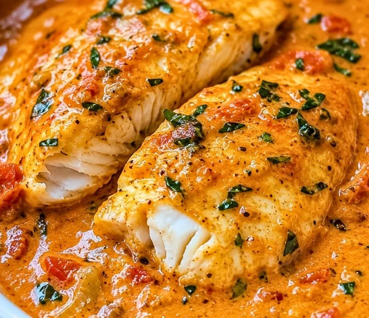 Easy creamy tilapia in roasted pepper sauce served on a plate