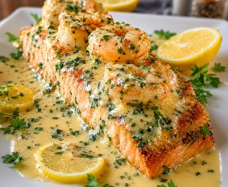 Creamy Tuscan shrimp-stuffed salmon plated beautifully for a delicious dinner.