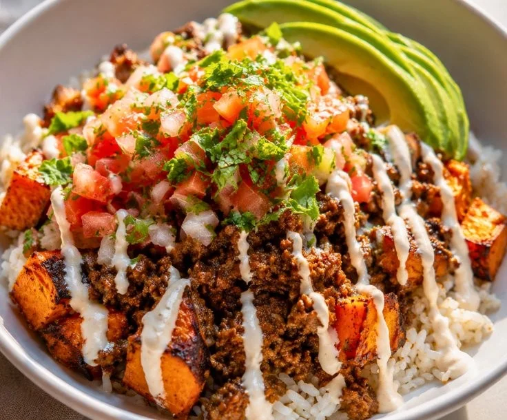 Ground beef sweet potato taco bowls with creamy lime crema on a table