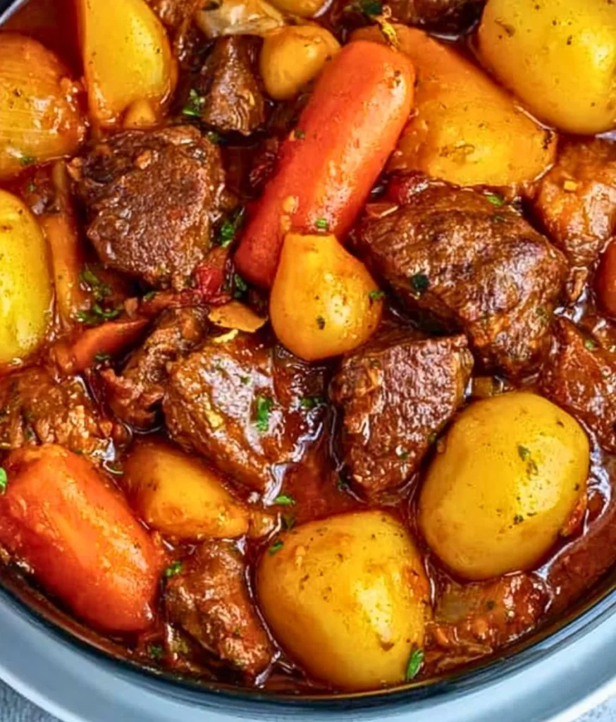 Bowl of easy homemade beef stew with vegetables and herbs