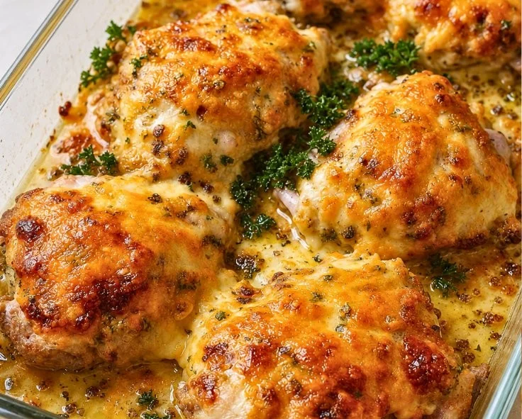 Easy keto baked cheesy ranch chicken thighs on a plate, garnished and ready to serve.