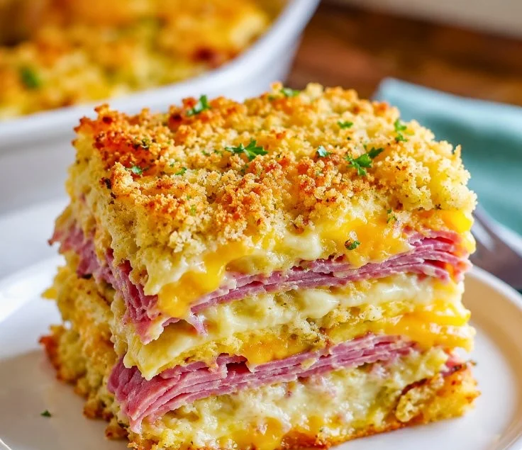 Delicious Easy Keto Reuben Casserole with corned beef and Swiss cheese