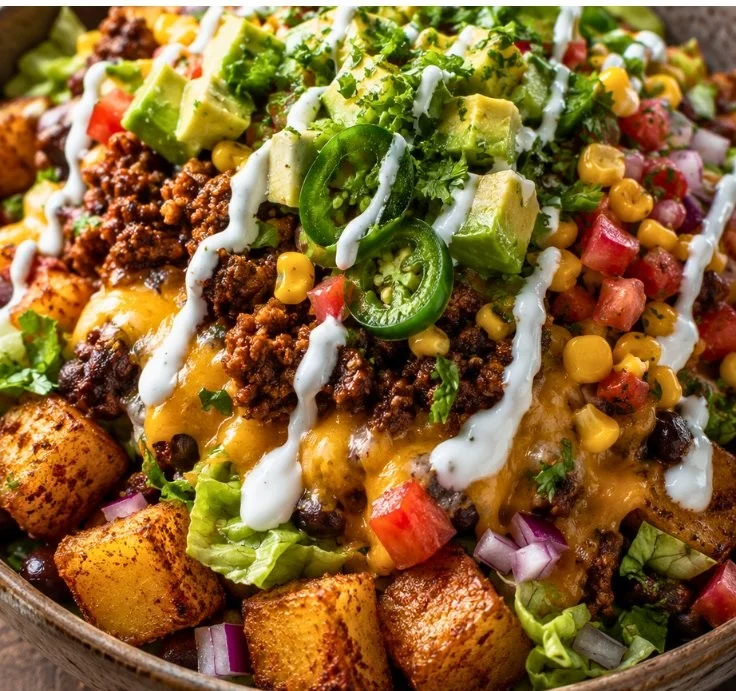 Easy loaded taco potato bowl made with seasoned beef and fresh toppings
