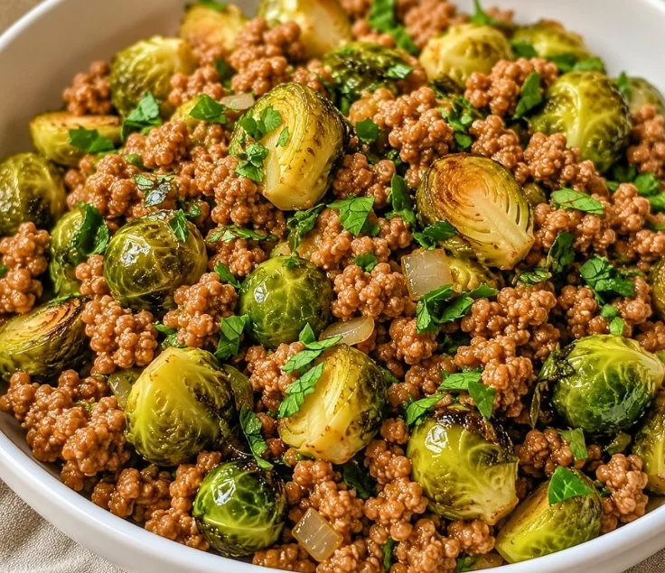 Easy low carb ground turkey and Brussels sprouts skillet recipe.