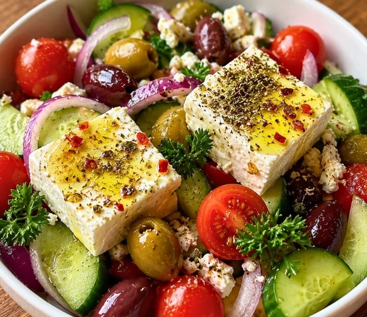 Delicious Mediterranean Greek Salad with Feta, Olives, and colorful vegetables