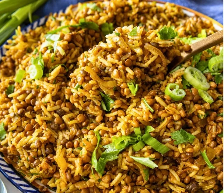 Bowl of easy Mediterranean lentils and rice with vegetables