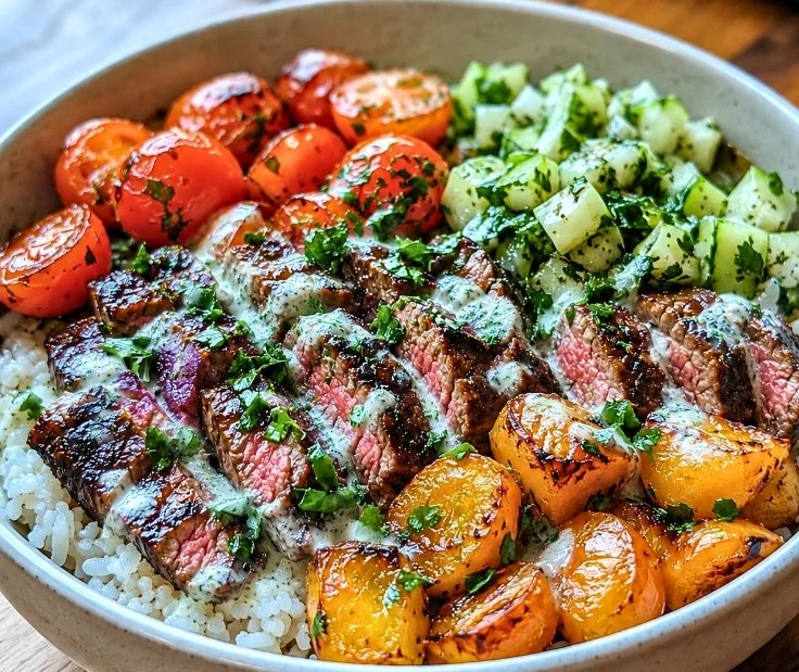 Delicious Mediterranean steak bowls with fresh vegetables and quinoa