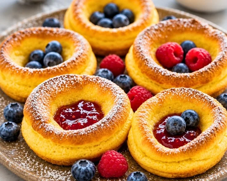 Plated mini Dutch baby pancakes topped with fresh berries and syrup