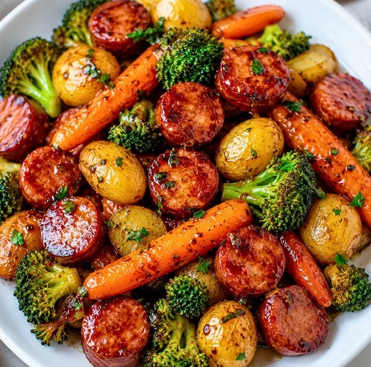 One-pan honey garlic kielbasa with colorful veggies for a healthy dinner.