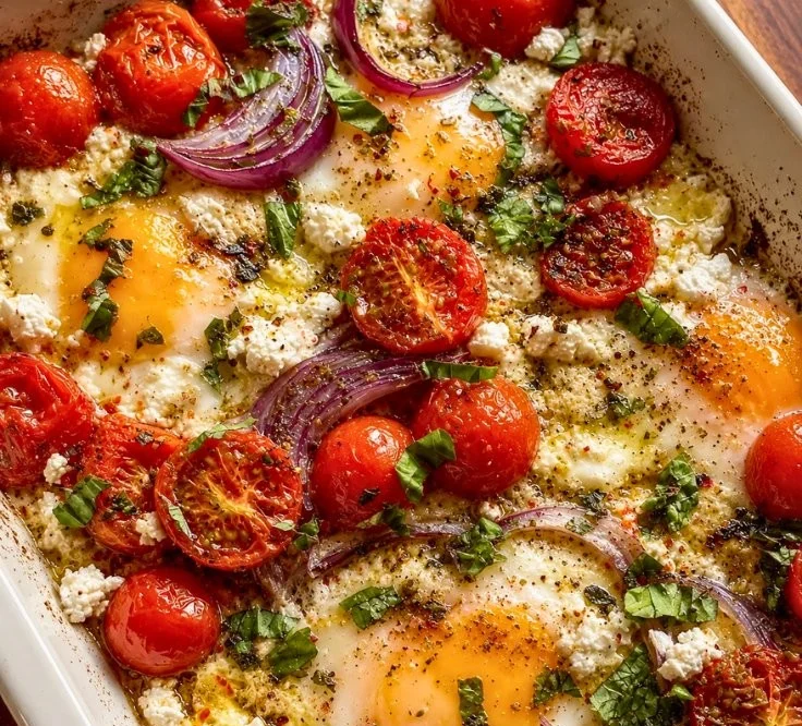 Baked eggs with tomatoes and feta served in a skillet for breakfast
