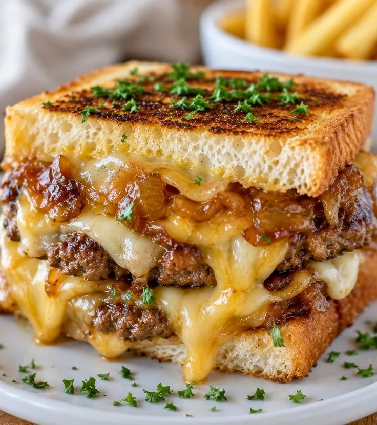 Grilled Cheese Burger Sandwich with melted cheese and juicy beef patty