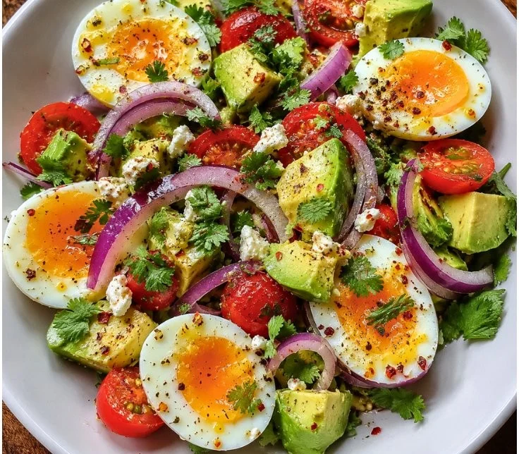 Healthy egg avocado salad served in a bowl, ideal for a nutritious lunch.