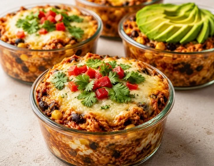 High-protein chicken enchilada bowl with cottage cheese for meal prep.