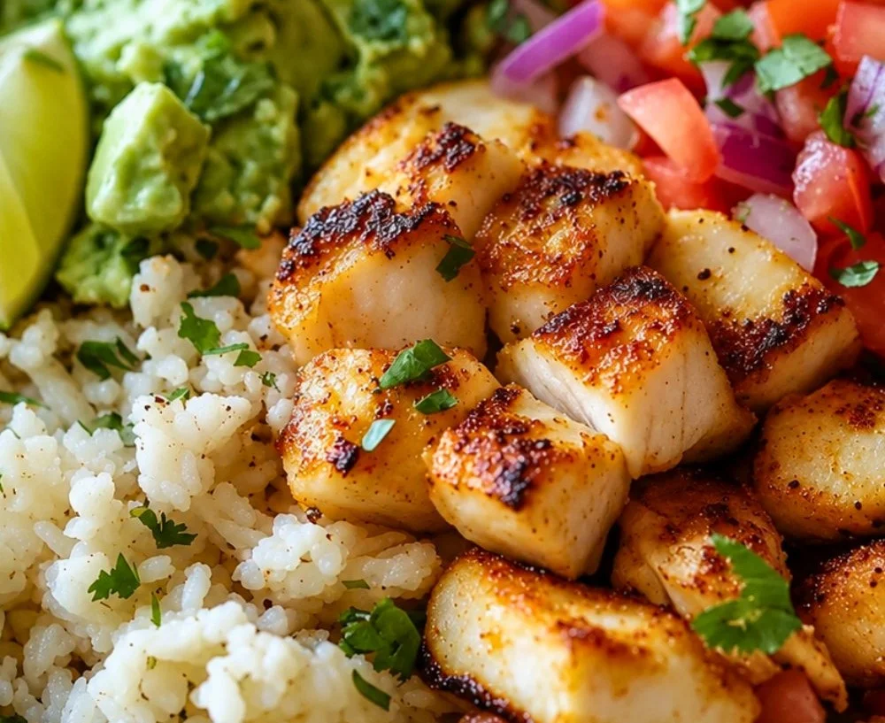 High protein fish taco bowls topped with avocado and lime