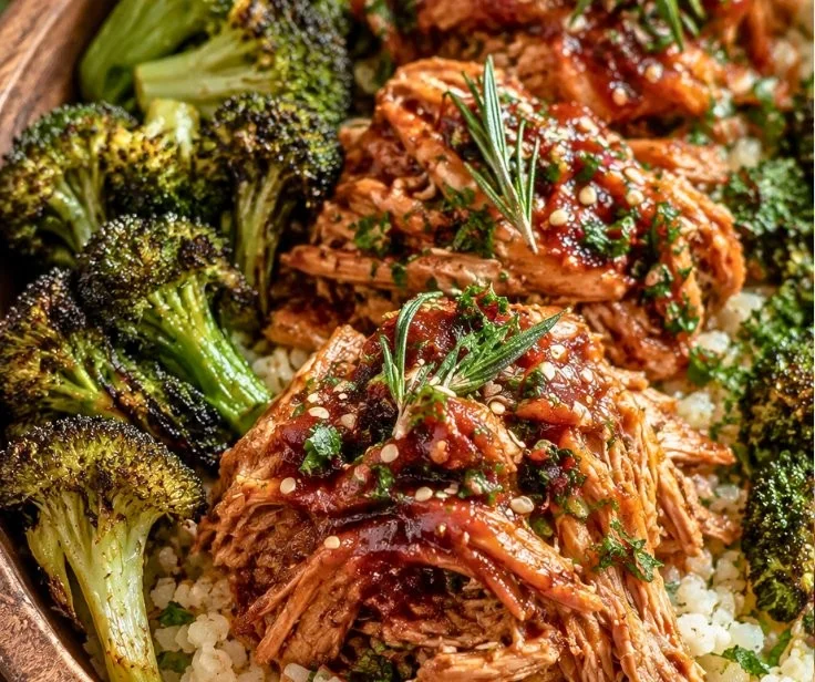 High-protein shredded chicken bowls with roasted broccoli for easy meal prep