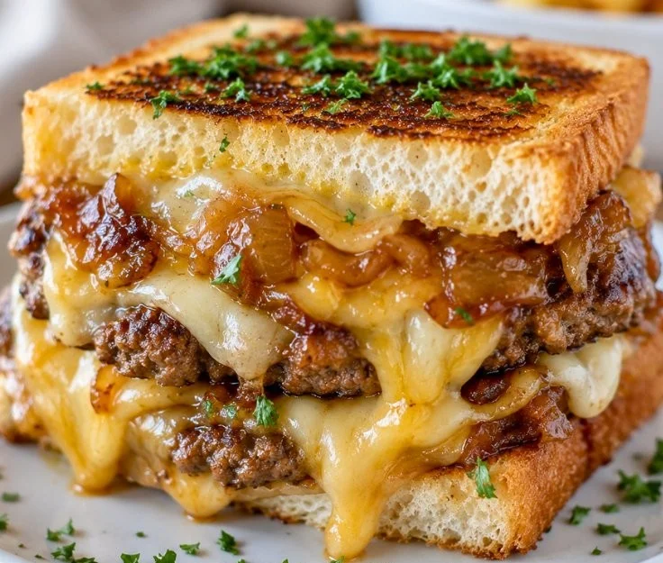 Juicy grilled cheese burger sandwich with melty cheese and crispy bread