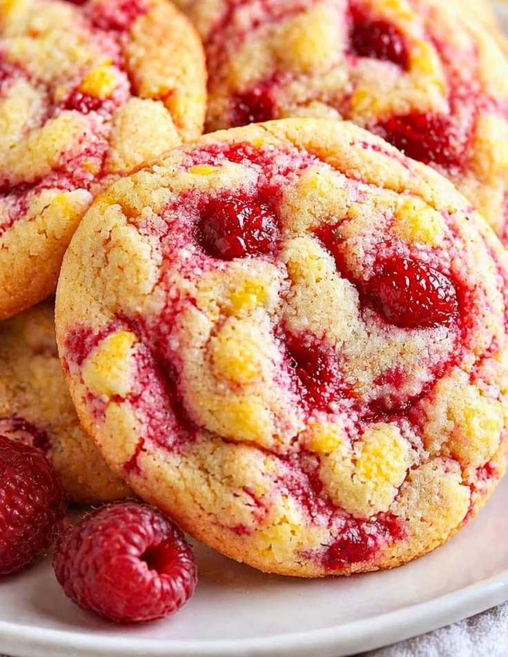 Delicious homemade lemon raspberry cookies on a baking sheet.