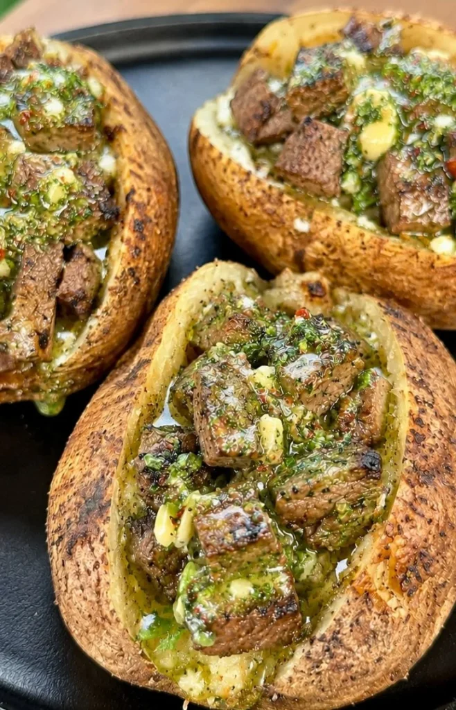 Loaded baked potatoes topped with grilled steak bites and garlic herb butter.