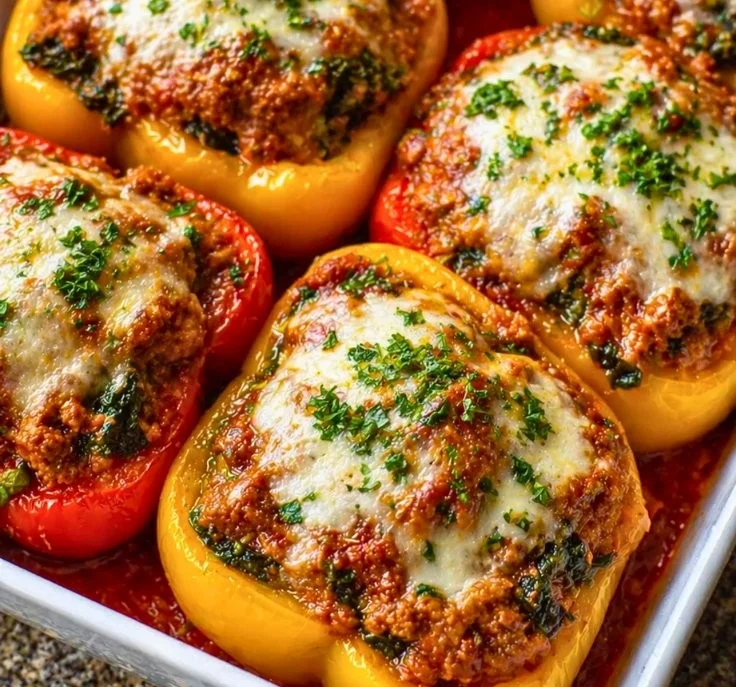 Low carb lasagna stuffed peppers with cheese and meat filling