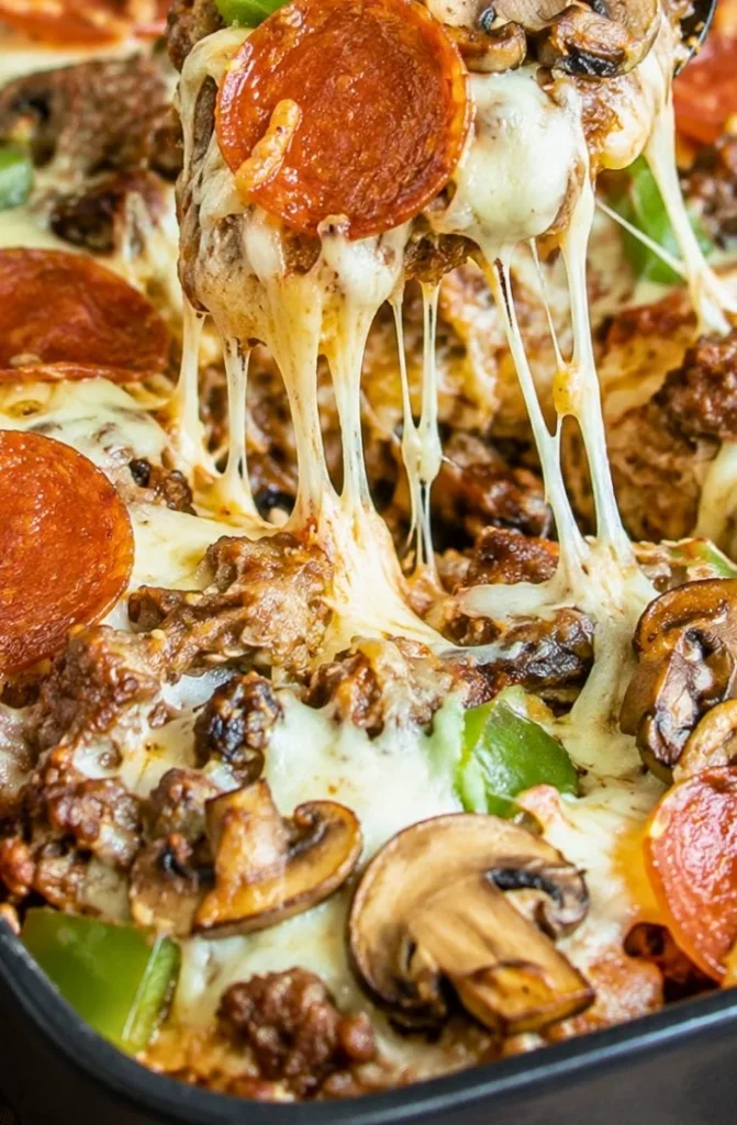 Low-carb pizza casserole dish served with fresh toppings