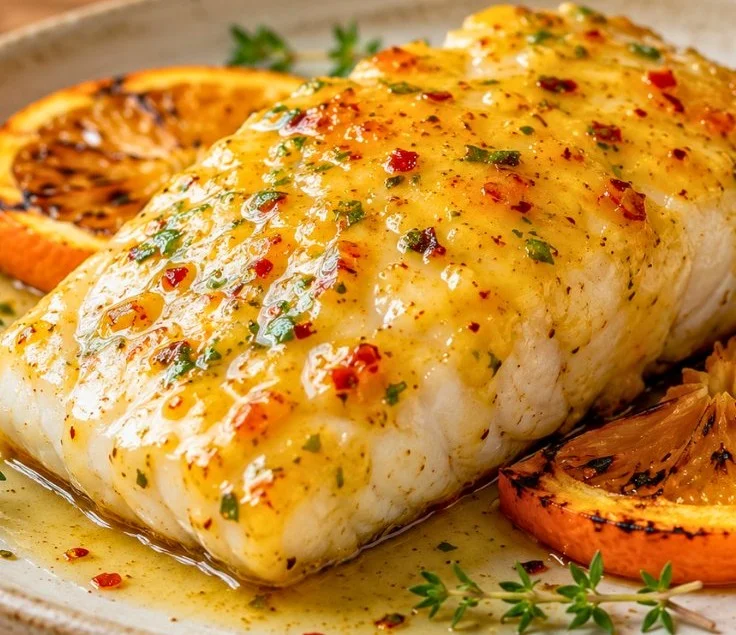 Plate of Orange Dijon Grilled Halibut garnished with fresh herbs