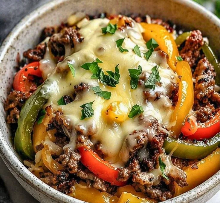 Low carb Philly Cheesesteak Bowl with sliced beef and peppers