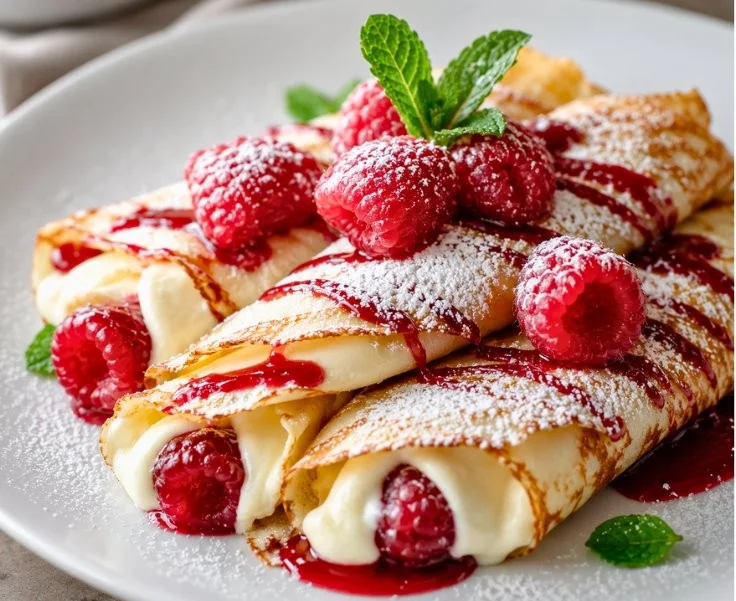Plate of Raspberry Vanilla Crepes filled with creamy goodness topped with fresh raspberries