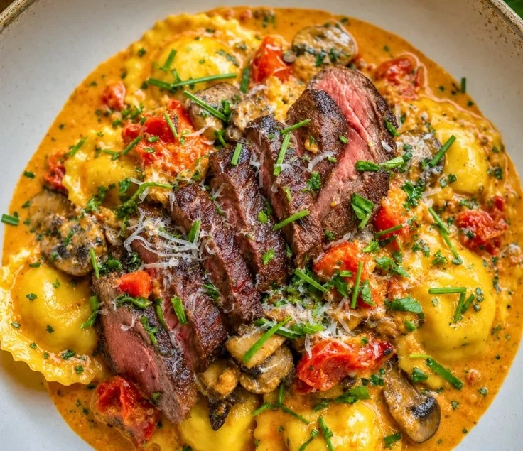 Steak and mushroom ravioli dinner served on a plate with herbs and garnish.