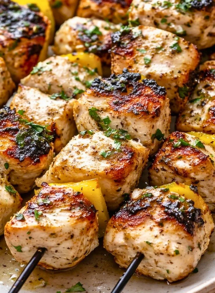 Juicy Greek Chicken Kabobs with lemon and herbs on skewers ready for grilling