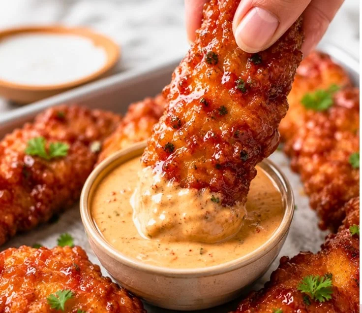 Sweet and spicy sticky chicken tenders plated for a delicious meal