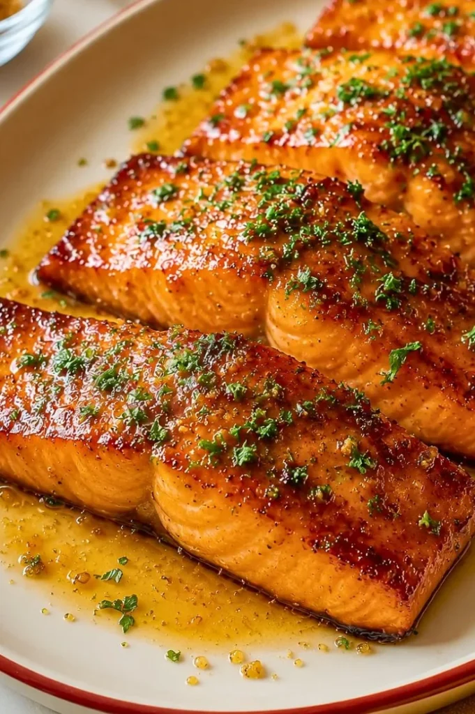 Delicious brown sugar grilled salmon with a charred glaze on a plate.