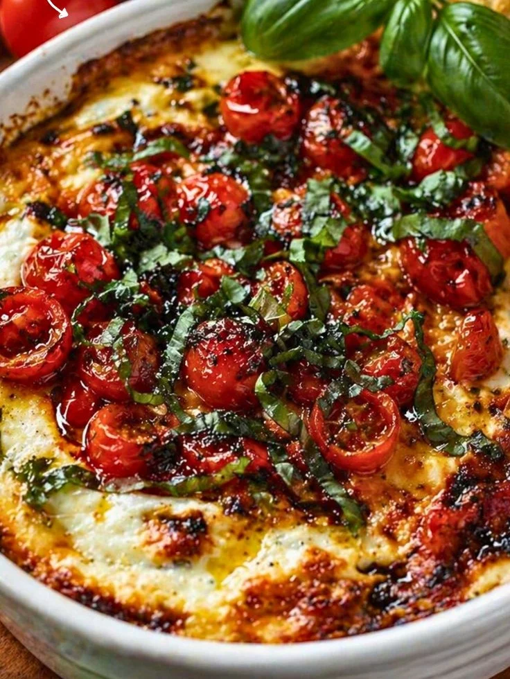 Delicious Three-Cheese Tomato Bruschetta Dip served in a bowl, garnished with fresh herbs.